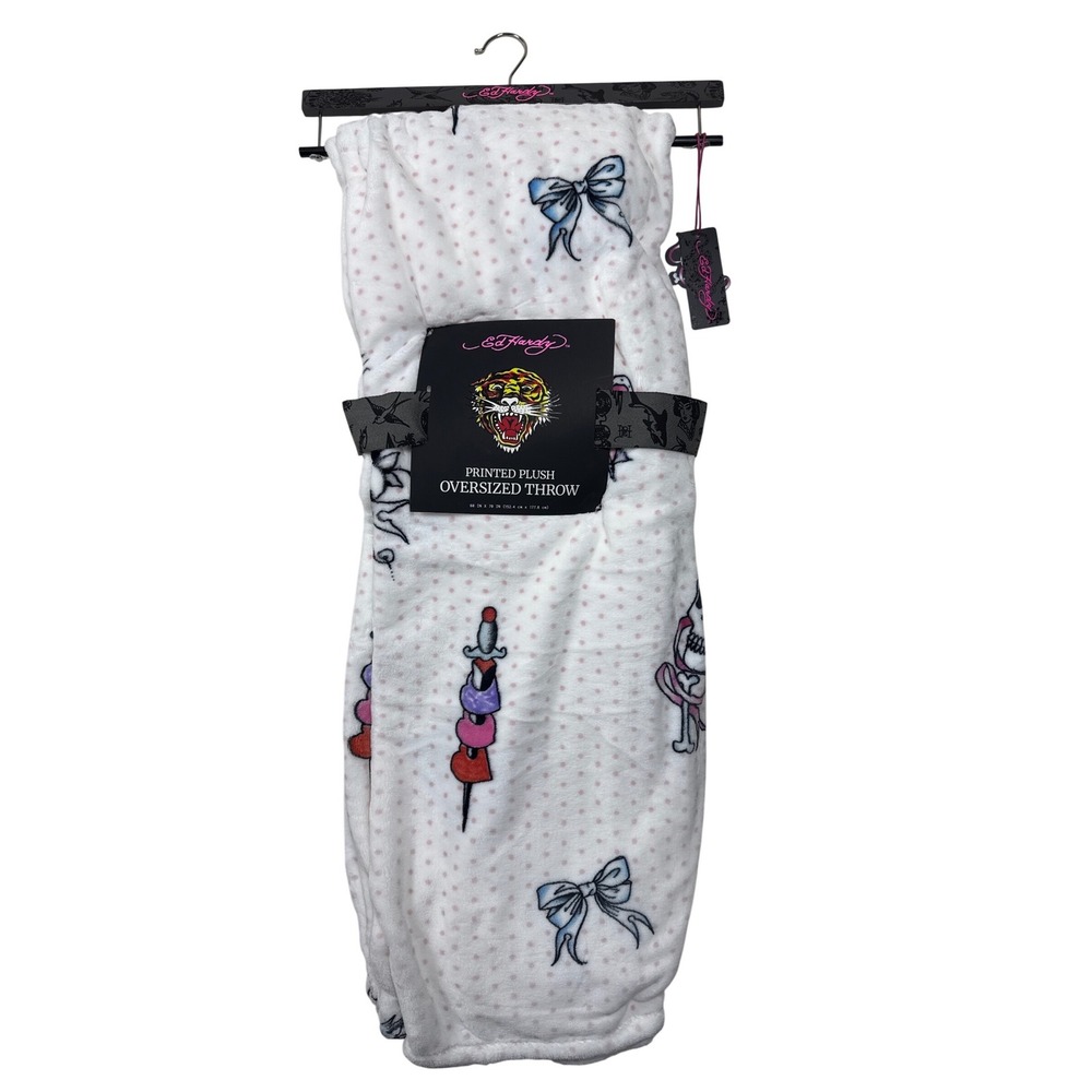 Ed Hardy Printed Plush Oversized Throw Blanket White Pink Polka Dot Tattoo Art